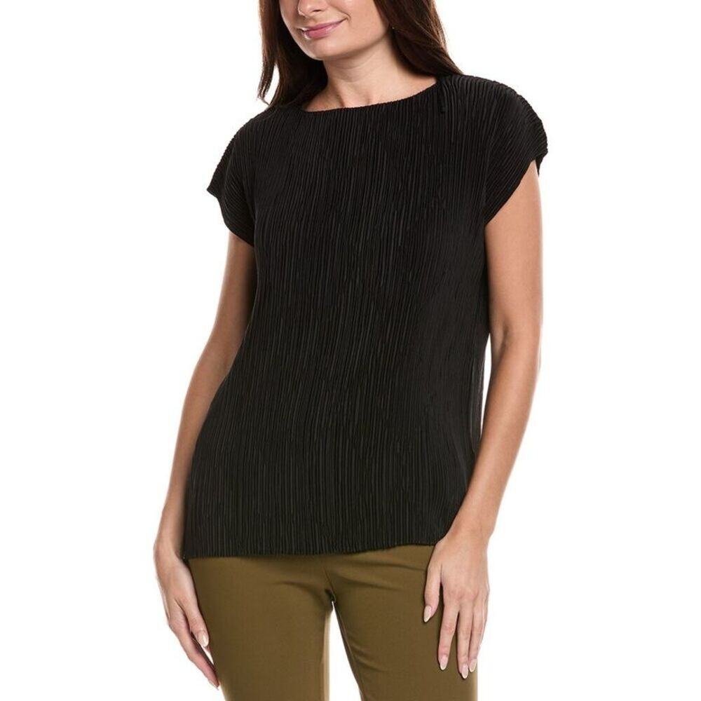 Lafayette 148 NY Dolman Blouse Top Shirt Black Pleated Cap Sleeve Plisse Boat M
